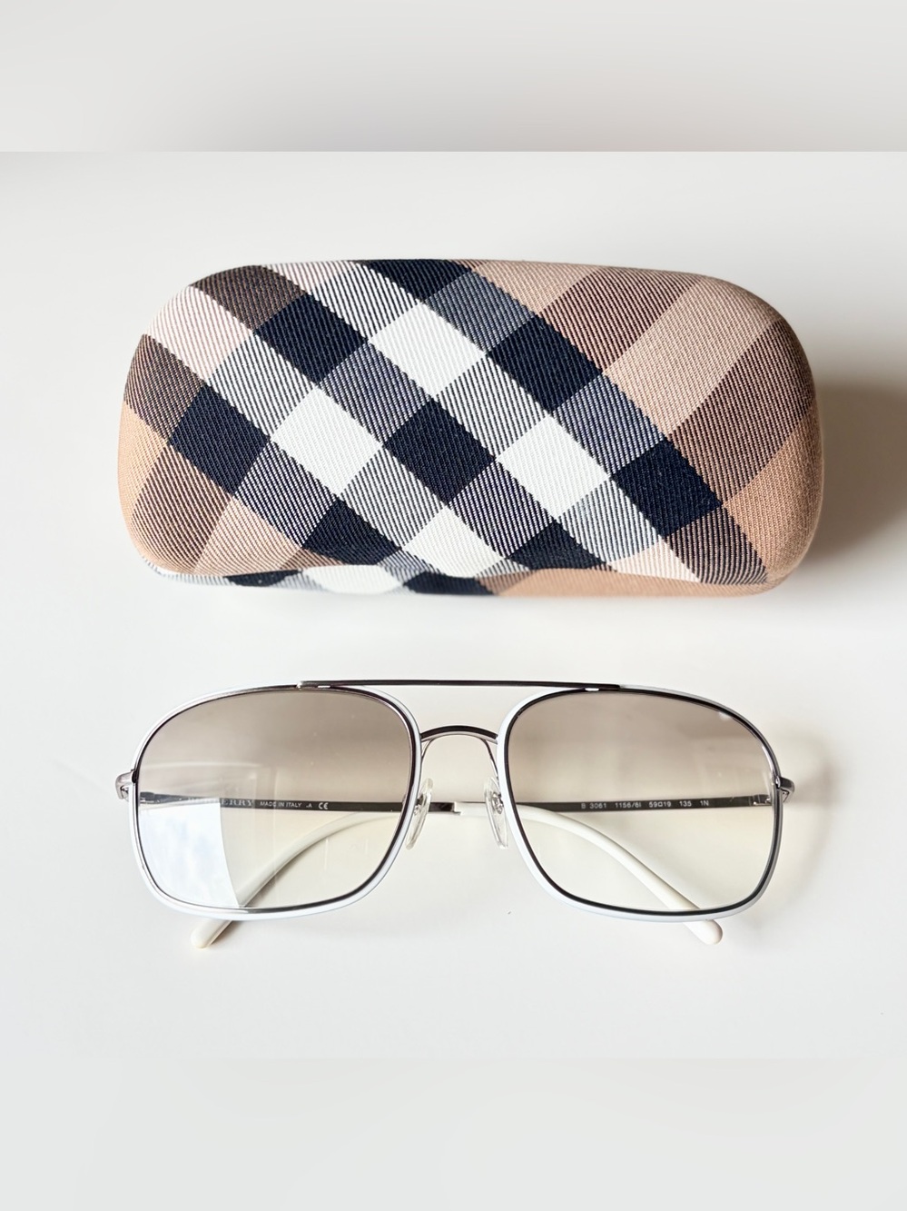 Burberry B3061 Unisex White Silver Square Pilot Sunglasses 59□19 Italy w/ Case